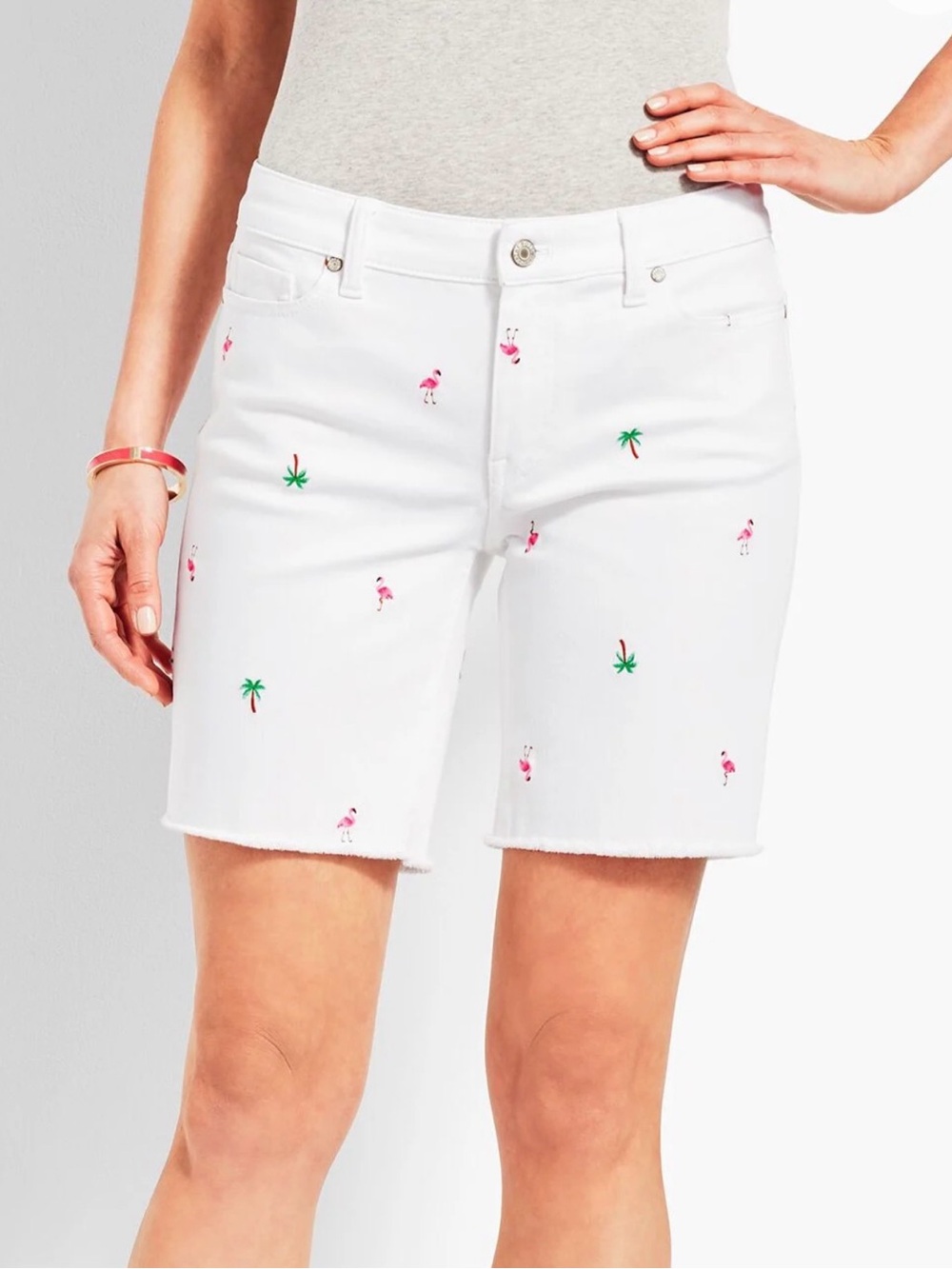 Talbots Cream Denim Shorts with Pink Flamingo & Green Palm Embroidery